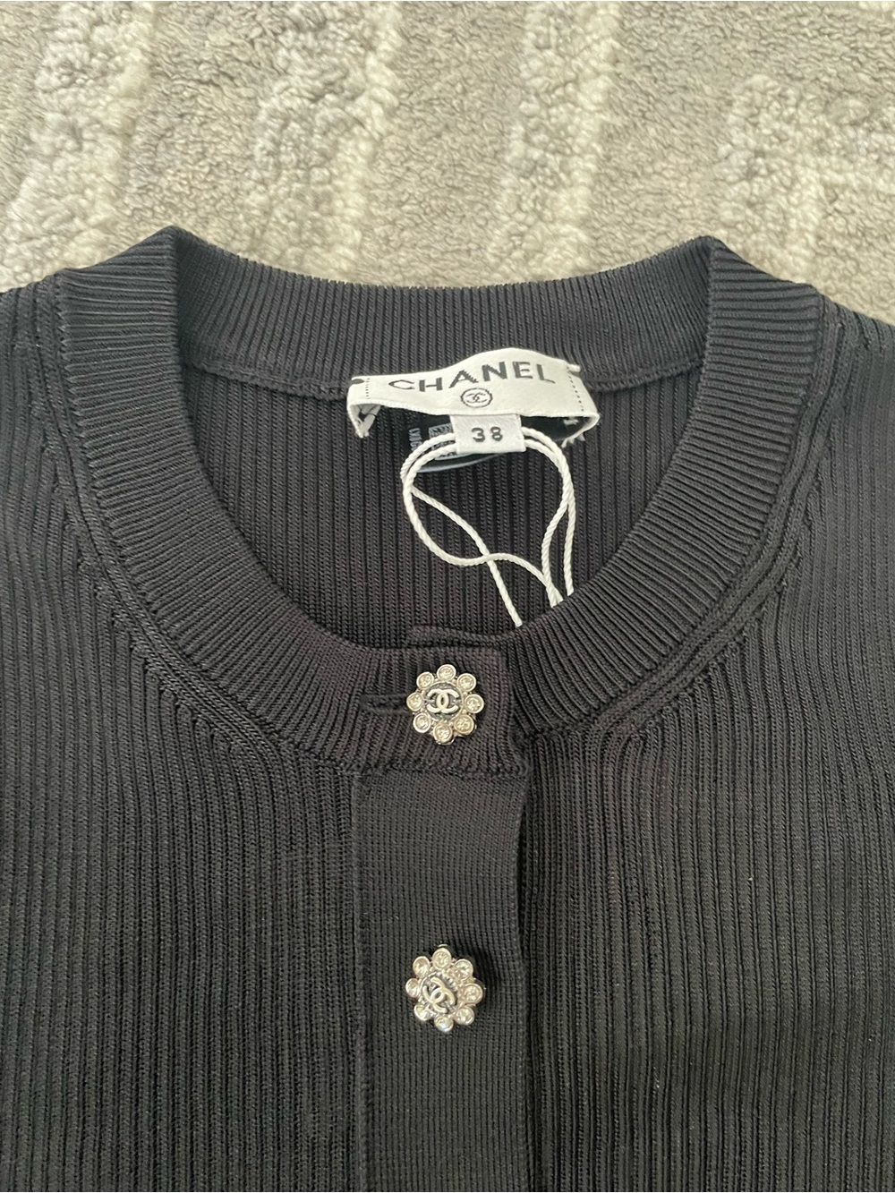 CHANEL Black Ribbed Short-Sleeve Henley with Decorative Crystal Buttons - Picture 3 of 5